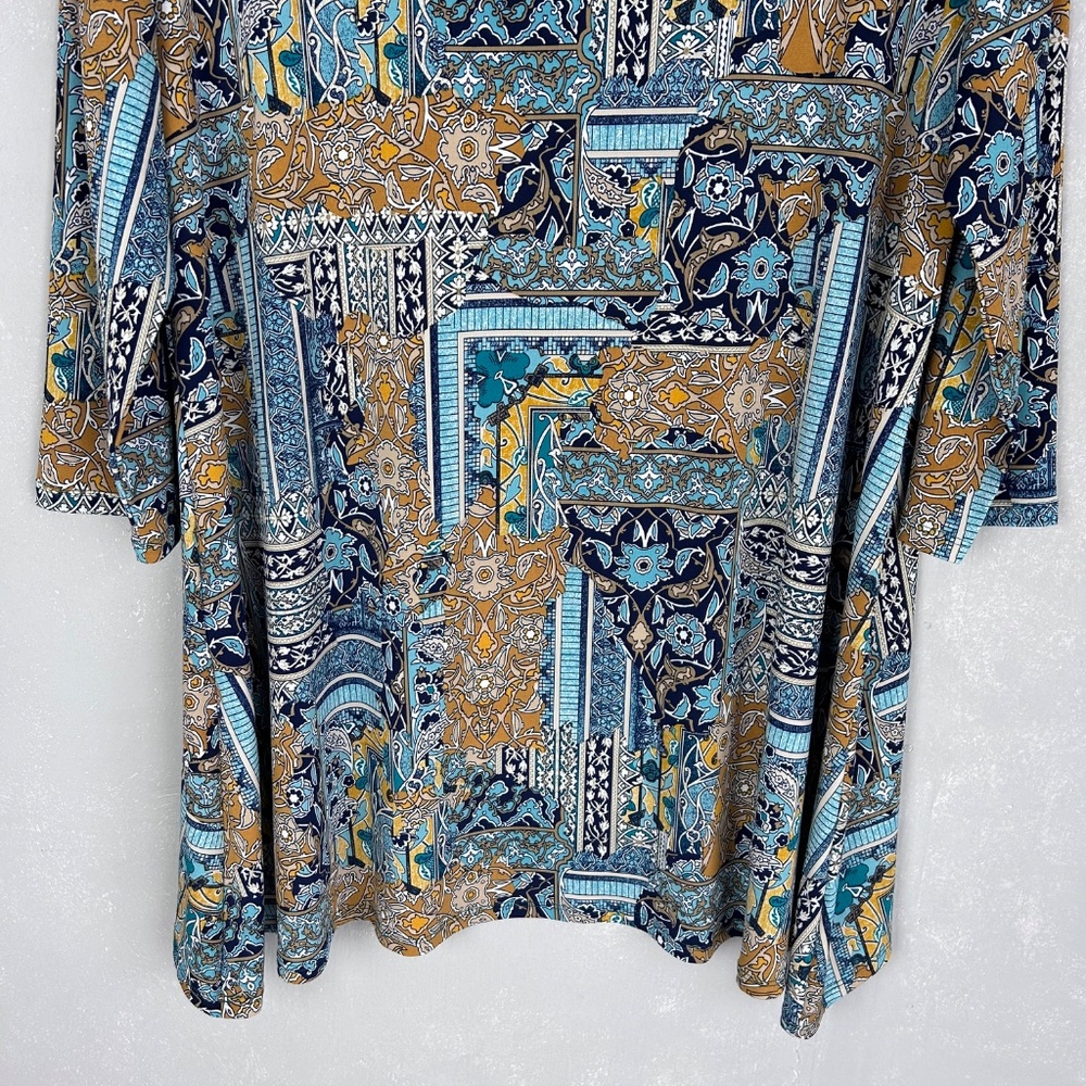 Chicos tunic top size 2 Large blue patchwork 3/4 sleeve stretch knit - Picture 9 of 12